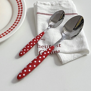 ins风可爱波点甜品勺西餐高颜值点心下午茶勺子红色高级感餐勺