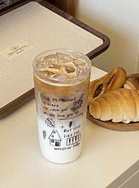 ins简约涂鸦线条高杯高硼硅玻璃杯耐高温清透咖啡杯大容量杯子