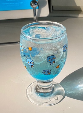中古风蓝色酷儿高脚杯可爱小众果汁杯小蓝人玻璃水杯礼物杯子