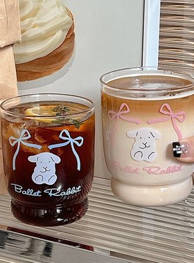 ins风蝴蝶结小白兔玻璃杯卡通水杯高硼硅玻璃杯牛奶果汁喝水杯子