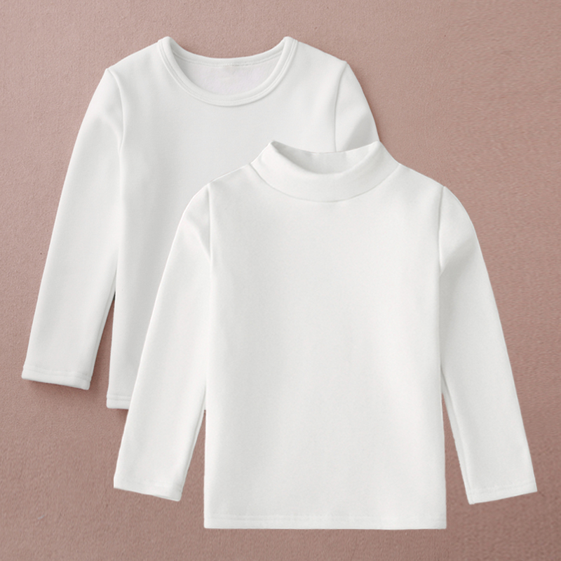 加绒白色儿童打底衫纯棉春秋长袖圆领t恤女 男童半高领加厚保暖衣