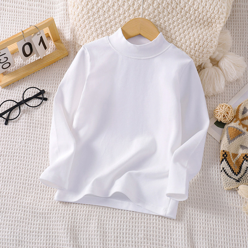 女童白色打底衫纯棉春秋半高领长袖t恤男 儿童秋冬内搭中领保暖衣