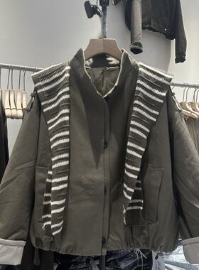 秋冬立领条纹披肩棉服女宽松短款外套袖口翻边百搭气质上衣新款潮