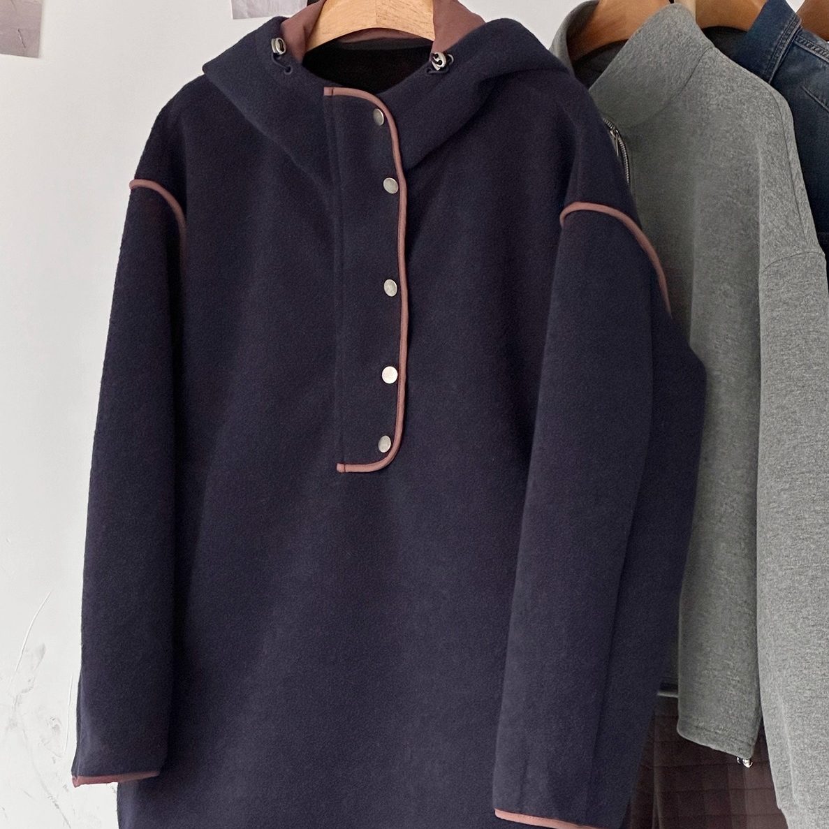 慵懒感复古毛呢子加绒帽衫【前短后长】宽松女卫衣连帽中长款外套