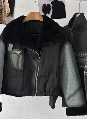 【牛仔拼接毛领羽绒服】欧货女装洋气时尚出街鸭绒保暖外套夹克潮