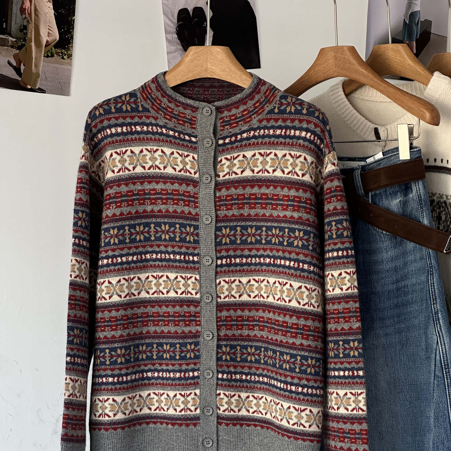 【文艺复古碎花针织开衫】软糯半高领撞色舒适打底毛衣女叠穿上衣