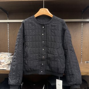 秋冬方格绗缝圆领棉服女休闲风宽松短款薄款棉衣外套上衣百搭新款