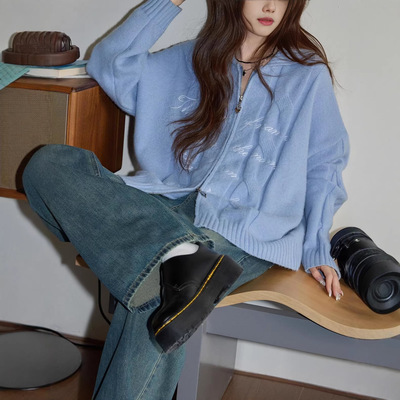 吵吵 蓝色毛衣厚毛织外套女秋冬针织开衫慵懒宽松毛线衣高级上衣