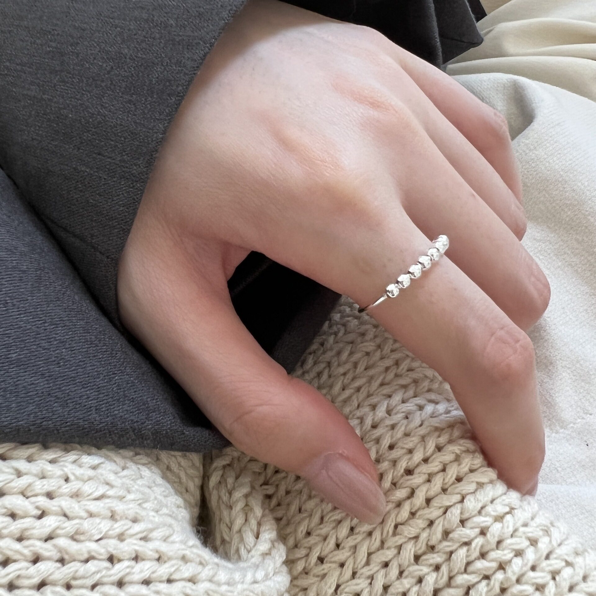 彩虹美人 s925银珠戒指女通体纯银亮银色圆珠光面开口食指指环ins