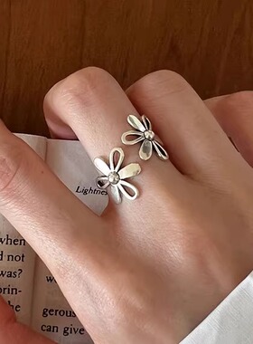 s925银复古甜美花朵戒指女