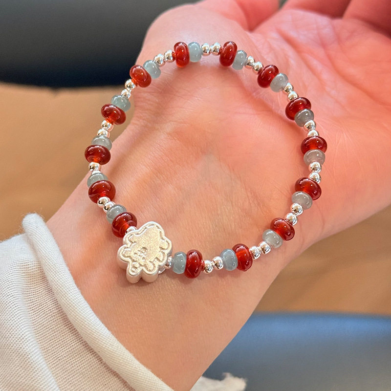 999足银小熊撞色红玛瑙圆珠手链女简约手工弹力绳设计串珠手饰潮,饰品/流行首饰/时尚饰品新,银饰手链,淘宝优惠券,粉丝福利购,淘宝优惠卷