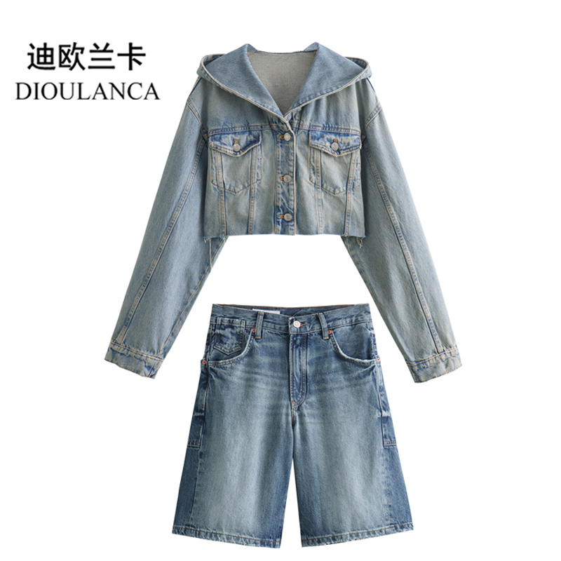 DIOULANCA 欧美风外贸女装连帽牛仔外套短裤套装 8197006 6045034