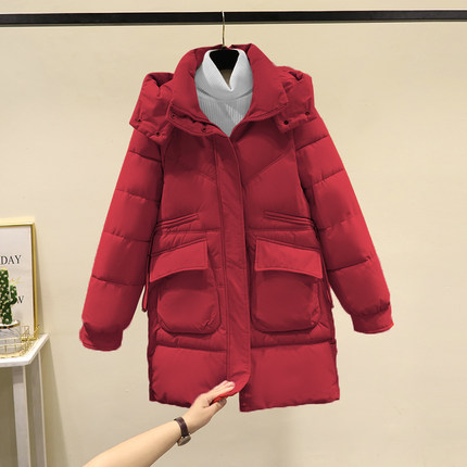 酒红色羽绒棉服女中长款韩版冬季新款宽松棉衣加厚小个子棉袄外套