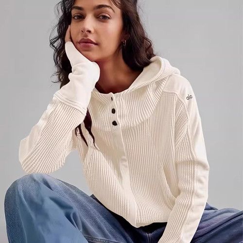 Alo百搭华夫格连帽拉链卫衣女