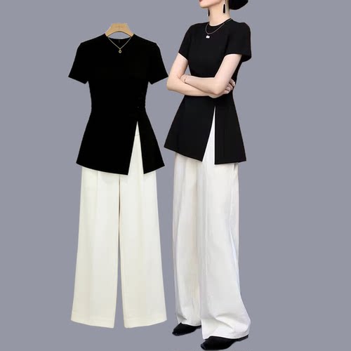 2026夏季大码时尚气质套装女胖mm短袖上衣休闲白色阔腿长裤两件套