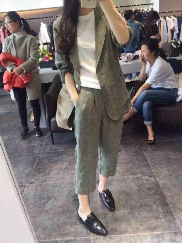 大码女装春夏新款薄款胖mm西装套装女棉麻外套九分裤子两件潮