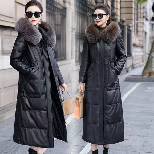 大码羽绒棉服女修身显瘦外套胖mm过膝长款高端加绒海宁皮衣冬新款