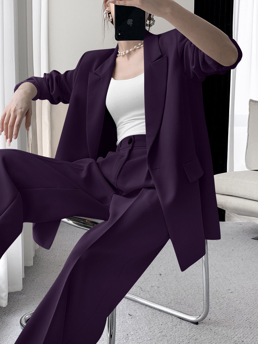 春秋新款大码女装紫色西装套装高级感胖mm显瘦阔腿裤两件200斤潮