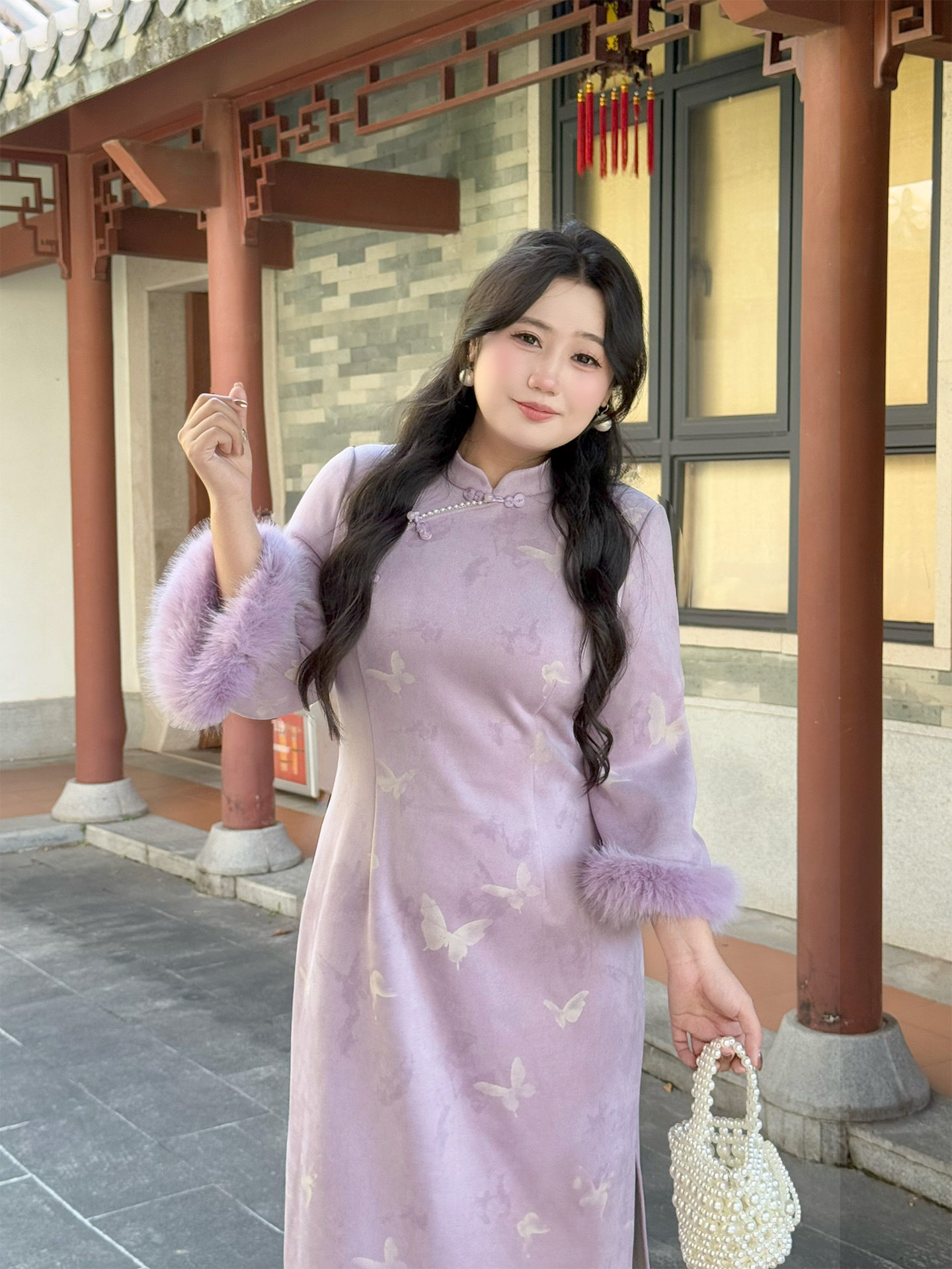 胖mm气质奢华毛绒减龄冬新修身显瘦新中式大码加绒旗袍连衣裙厚潮