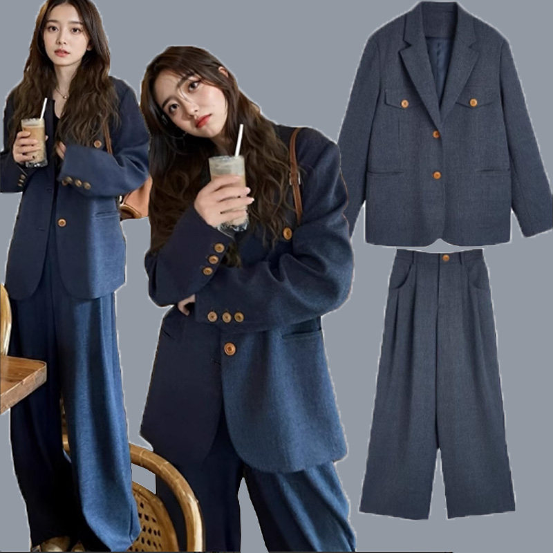 春秋季大码套装时尚老钱风西装胖mm宽松显瘦阔腿裤外套两件套