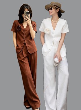 2026夏新款大码薄款老钱风短袖西装套装女胖mm休闲阔腿裤两件套潮