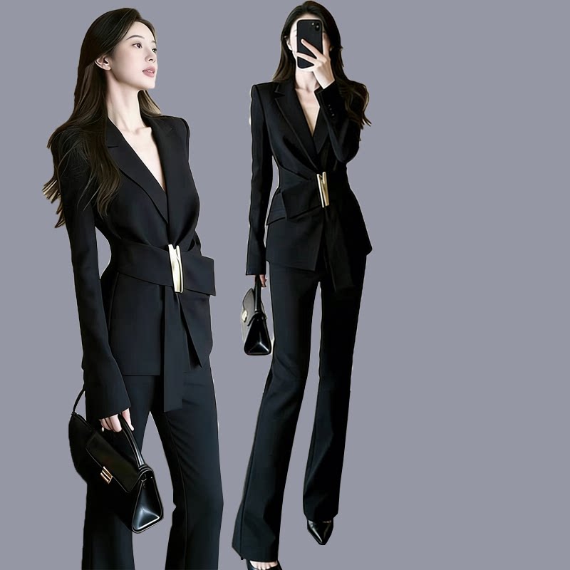 春秋新款收腰设计感西装两件套裙大码胖MM气质微喇裤子套装女职业