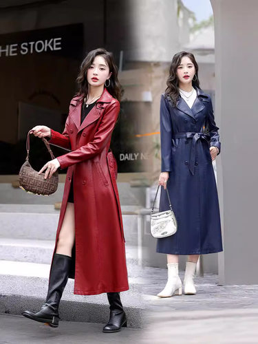 加棉皮衣女过膝长款秋冬装胖mm西装领风衣修身外套大码羊皮真皮潮