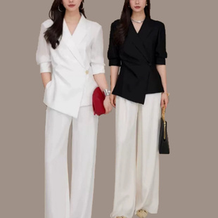 高级感时尚大码西装女胖mm宽松休闲通勤薄款显瘦外套裤子两件套装
