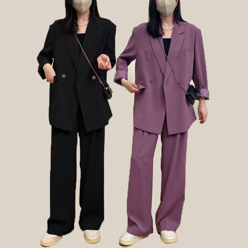 大码胖mm春秋西装外套休闲宽松藏肉阔腿裤两件套装女200斤职业潮