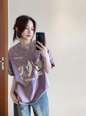 夏季设计感小众半袖做旧t恤女