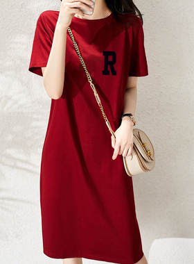 连衣裙女中长款过膝短袖t恤薄款睡裙女宽松大码休闲孕妇家居裙子