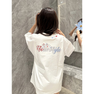 新款 t恤女夏季 慵懒风纯棉宽松情侣上衣 高街重磅刺绣字母短袖 美式