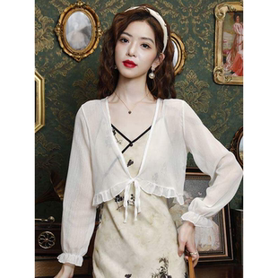 配裙子冰丝上衣小披肩短款 薄款 夏季 坎肩罩衫 外搭 蕾丝防晒衣女长袖