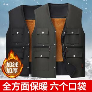 背心中老年男士加绒加厚马甲口袋保暖坎肩爸爸钓鱼冬季棉马甲男款