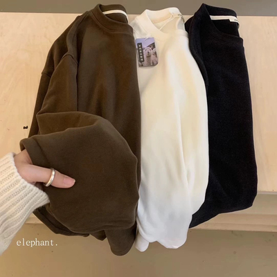 elephant.大象家现货～韩系2024冬季新款自带发热羊绒圆领宽松T恤