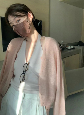 focuse 现货~韩国2025春女温柔马海毛针织开衫+挂脖吊带背心套装