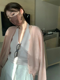 focuse 现货~韩国2025春女温柔马海毛针织开衫+挂脖吊带背心套装