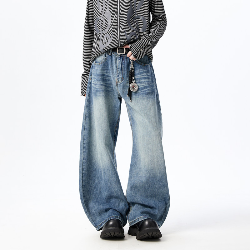 美式复古弯刀牛仔裤男秋冬季潮牌宽松休闲百搭直筒裤阔腿牛仔长裤