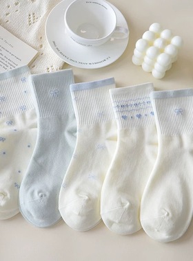 2026新款可爱卡通蓝色袜子女中筒袜纯棉甜美蝴蝶结花边运动学生袜