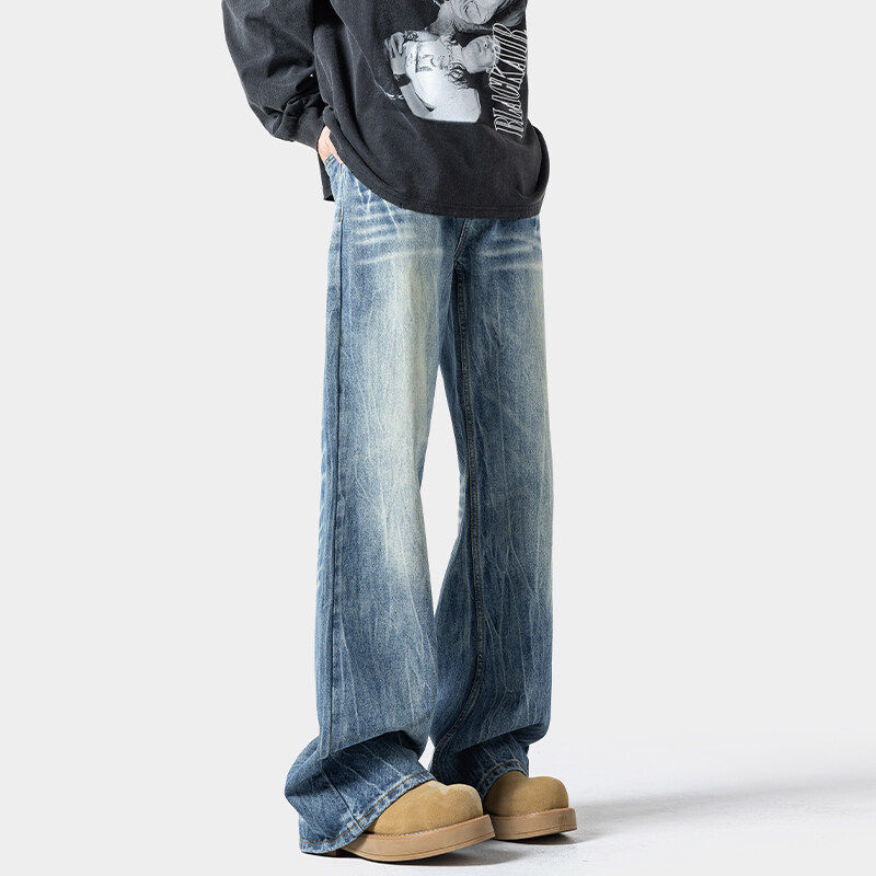 秋冬季闪电纹水洗复古牛仔裤男士潮牌潮流宽松直筒休闲裤牛仔长裤