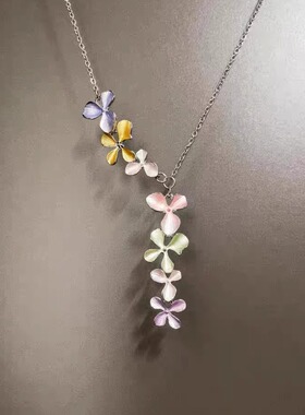 Heureusement复古彩色花朵不对称项链配饰女小众锁骨链气质毛衣链