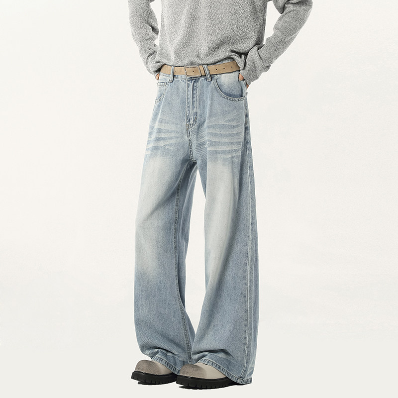 美式浅色牛仔裤男秋冬季潮牌潮流宽松百搭休闲长裤拖地直筒阔腿裤