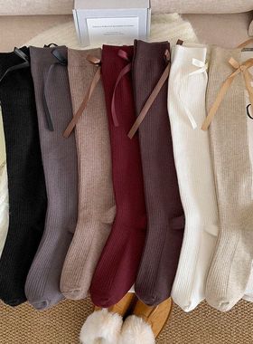 秋冬新款加厚羊绒小腿袜女保暖显瘦小腿蝴蝶结飘带长筒袜舒适百搭