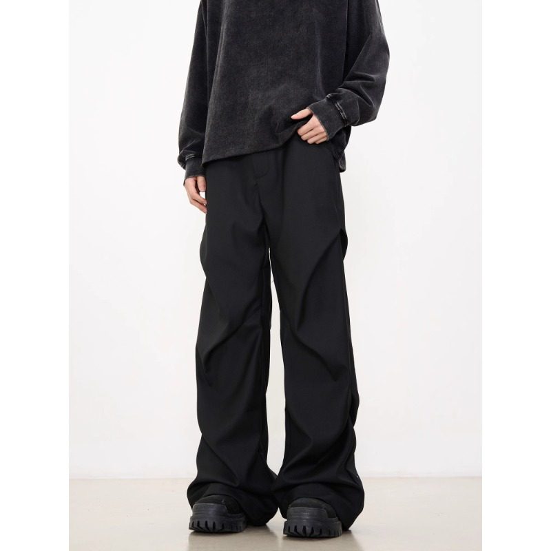 美式高街褶皱拖地微喇西裤男潮牌宽松直筒阔腿裤学生垂感黑色裤子