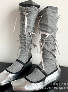miu系芭蕾风灰色蝴蝶结堆堆袜子女春秋中筒白色小腿袜黑色半筒袜
