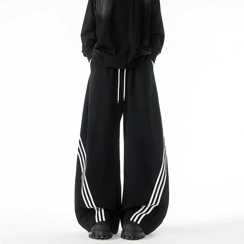美式复古三条杠卫裤男秋冬款潮牌重磅直筒阔腿裤宽松拖地运动裤子