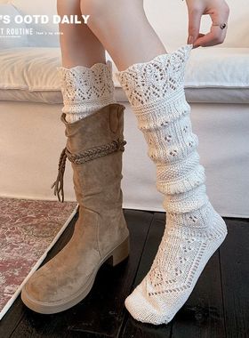 秋冬miu系堆堆袜女法式镂空加厚保暖针织复古灰色小腿