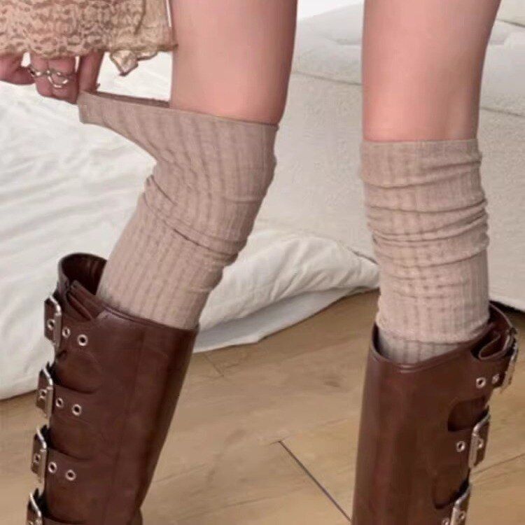 秋冬miu系美拉德过膝长筒袜芭蕾风堆堆袜卡其色小腿袜高筒配靴子