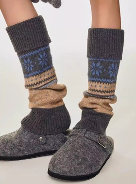 may3socks 秋冬季费尔岛加厚保暖针织袜套女生长筒雪花小腿堆堆袜