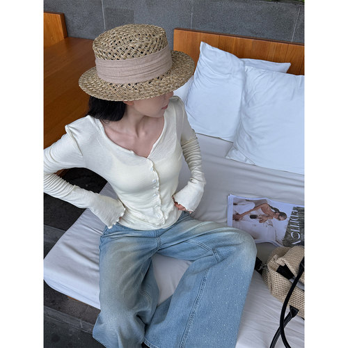 PAPERLLL辛间 Ease时髦 小众设计V领木耳边气质修身长袖上衣女春